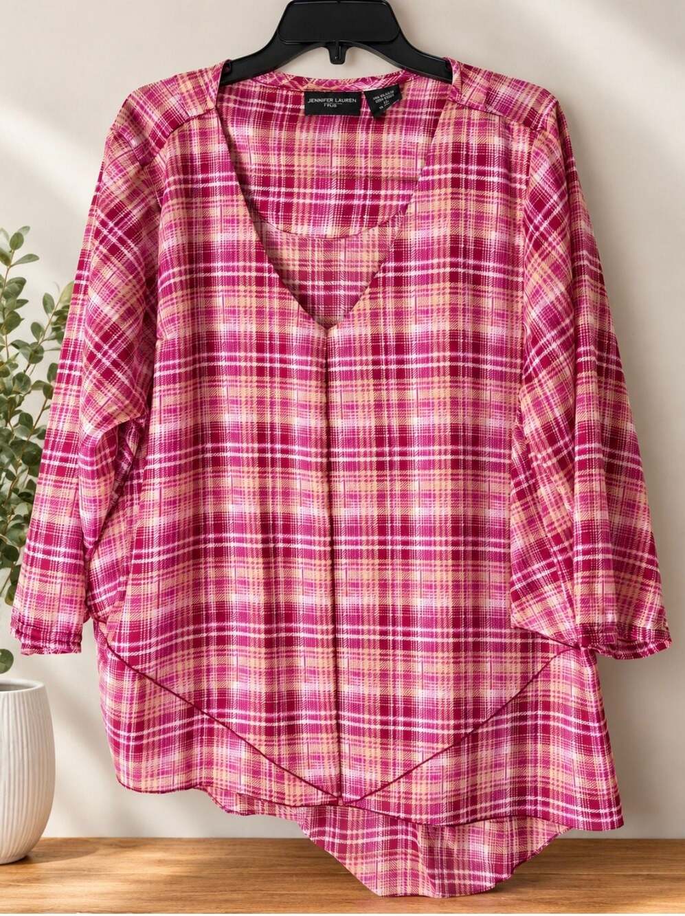 Jennifer Lauren Plus Women's Pink Plaid V-Neck Asymmetrical Hem Tunic Top
